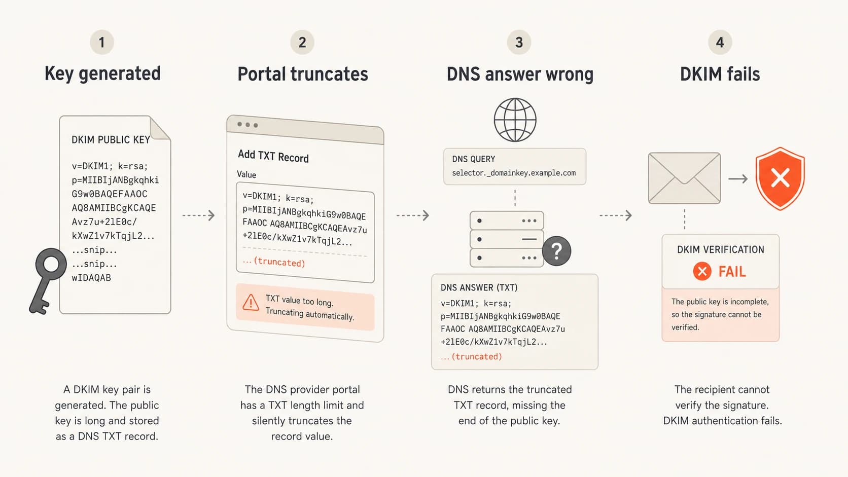 A four-part infographic showing a DKIM key being generated, truncated, served incorrectly, and failing validation.