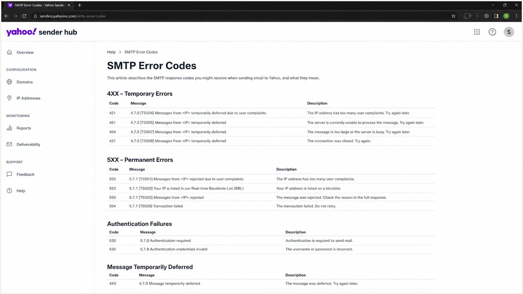 Yahoo Sender Hub SMTP Error Codes page showing temporary and permanent error sections.