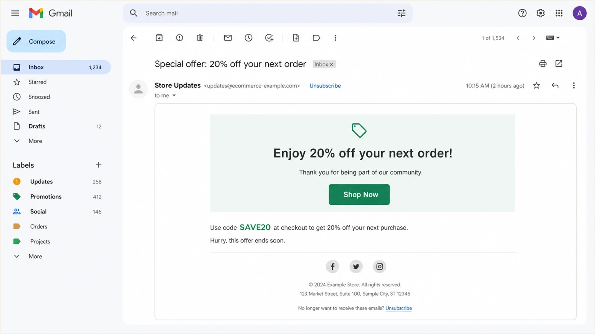 Gmail message view showing the unsubscribe button near the sender line and a footer unsubscribe link.
