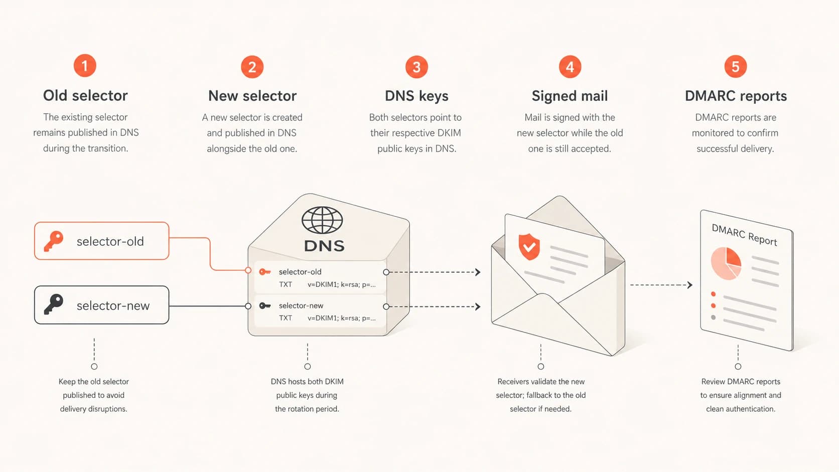 Five DKIM rotation parts: old selector, new selector, DNS keys, signed mail, and DMARC reports.