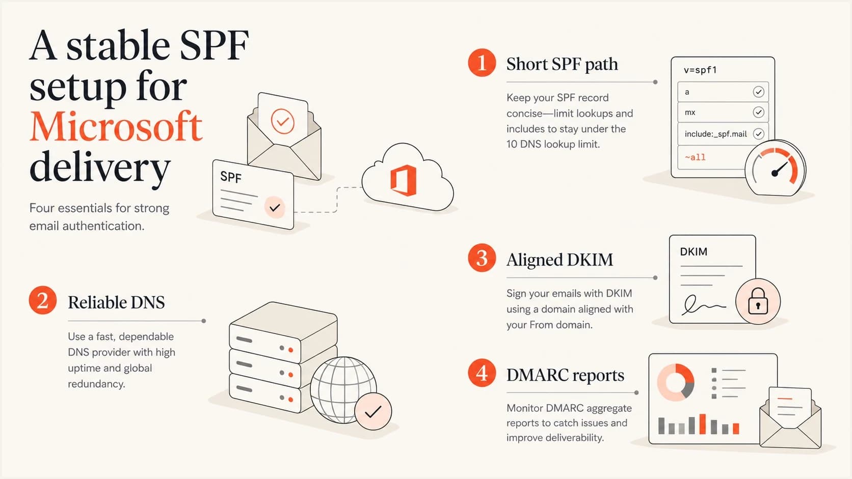 Infographic showing the parts of a stable SPF setup for Microsoft delivery.
