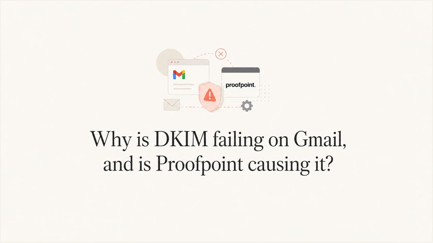Gmail and Proofpoint DKIM failure visual showing a signed email being changed before final validation.