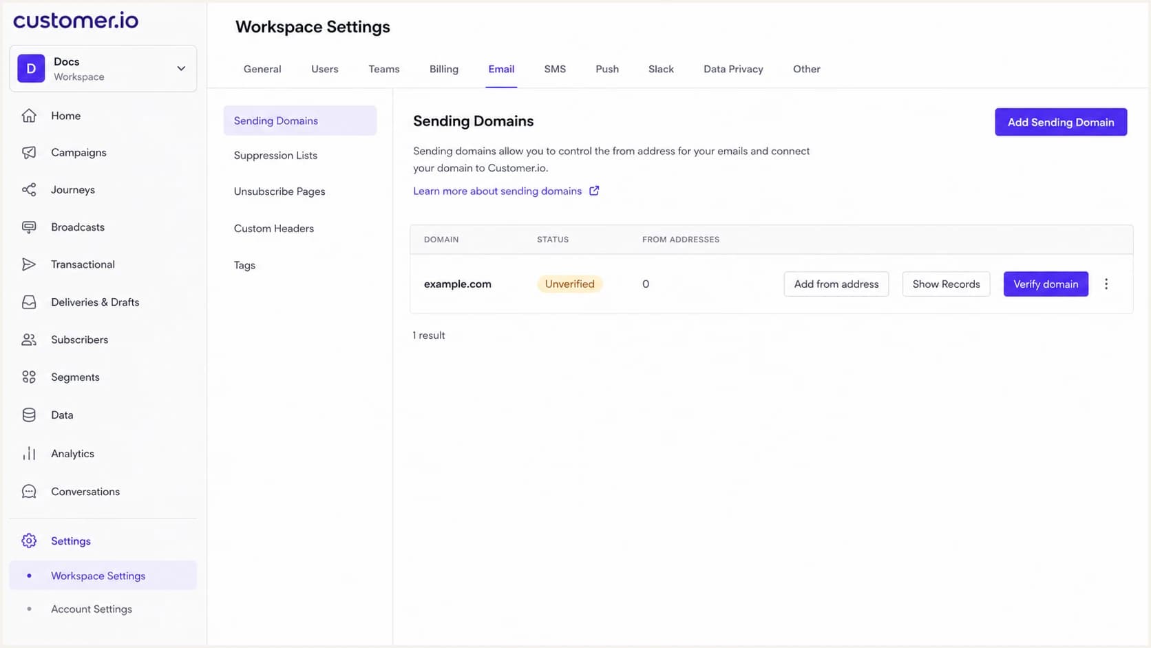 Customer.io Sending Domains screen with an unverified domain and record actions.