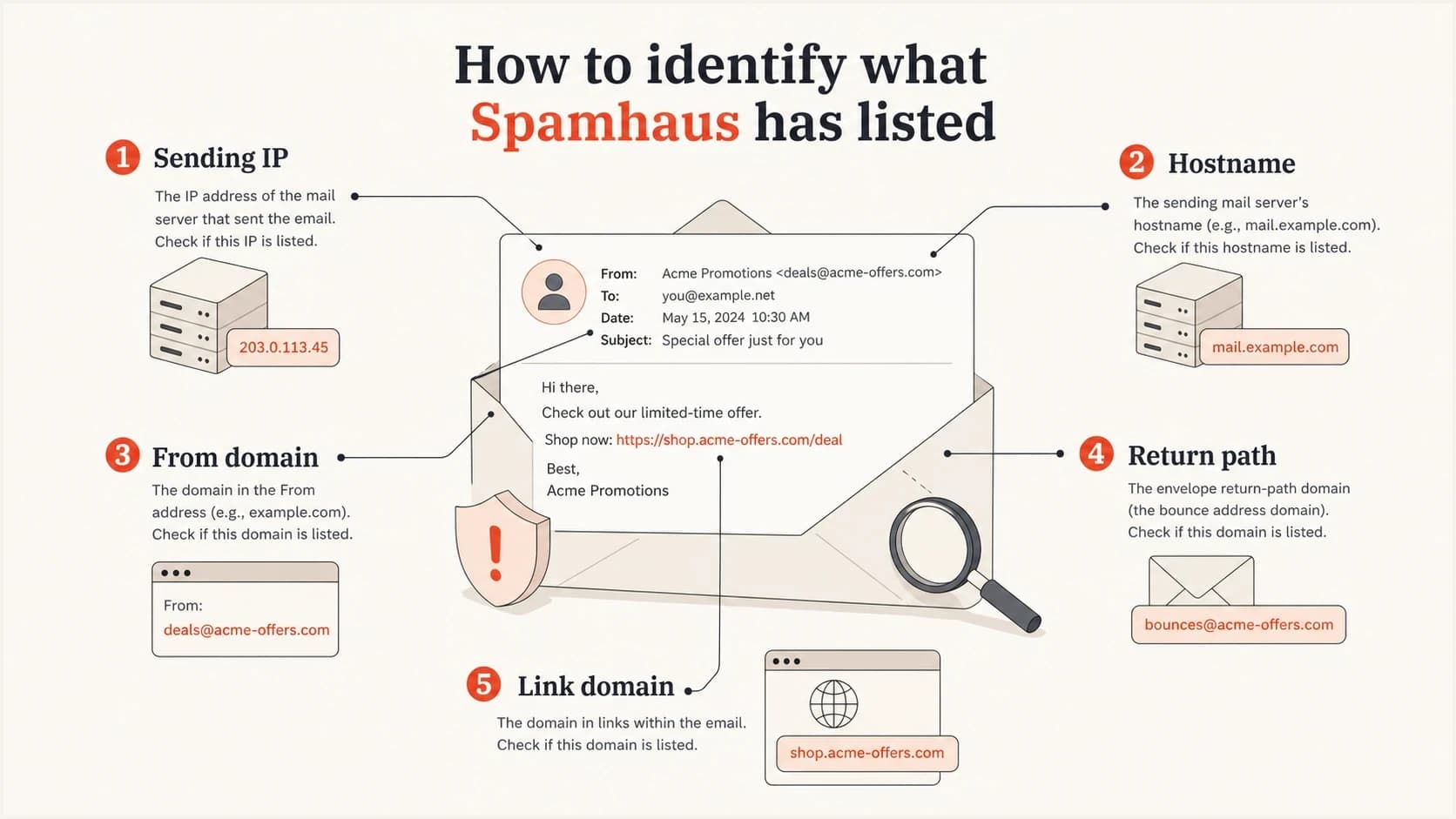 Infographic showing Spamhaus blocklist assets to check: sending IP, hostname, From domain, return path, and link domain.