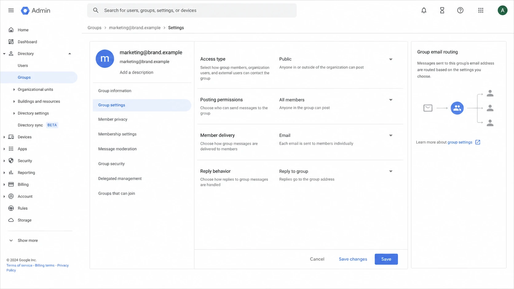 Google Admin console group settings showing delivery and reply behavior.