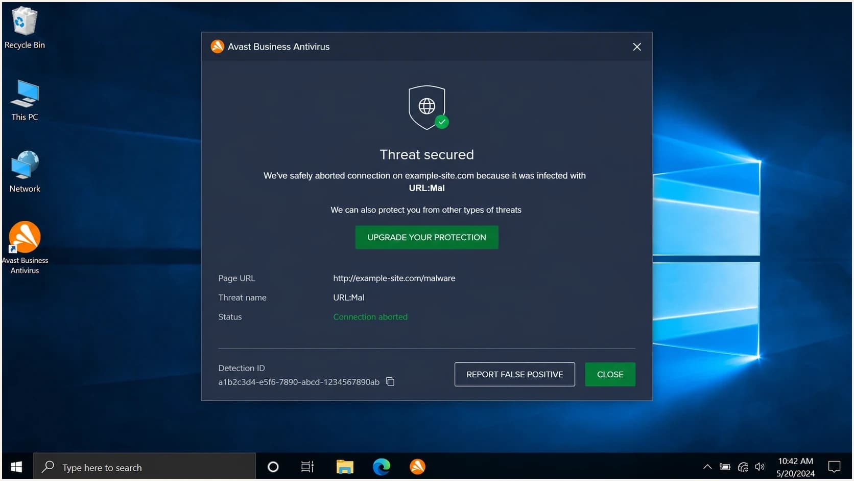 An Avast Business Antivirus alert showing a URL detection and a detection ID.