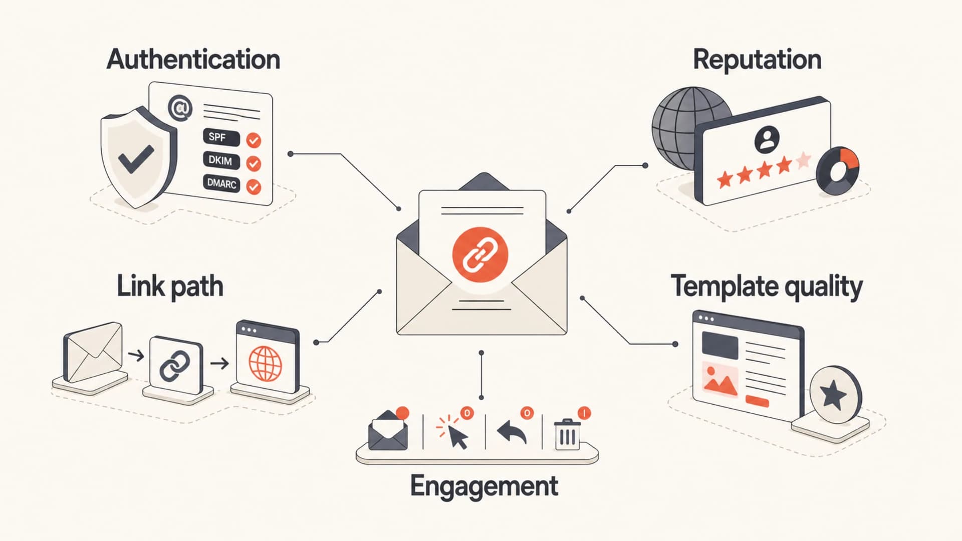 Infographic showing that a social link is judged alongside authentication, reputation, links, template quality, and engagement.