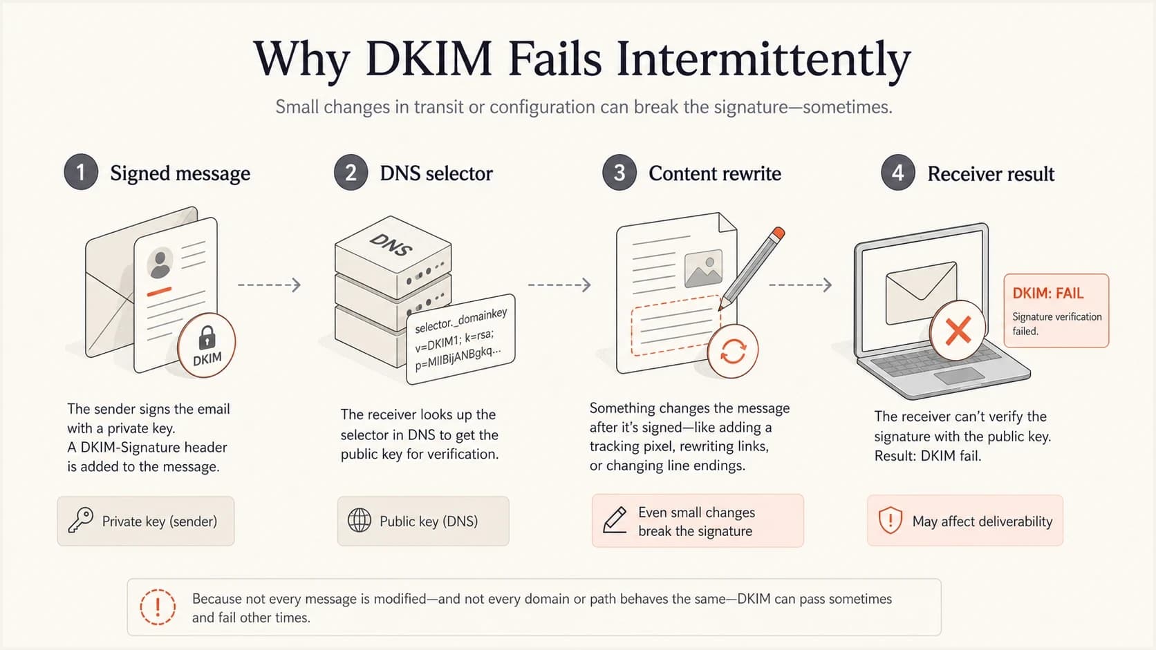 Infographic showing how signing, DNS, rewriting, and receiver checks affect DKIM.