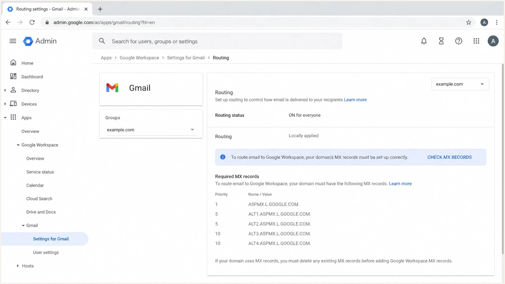 Google Admin console Gmail routing screen with Google MX record clues.