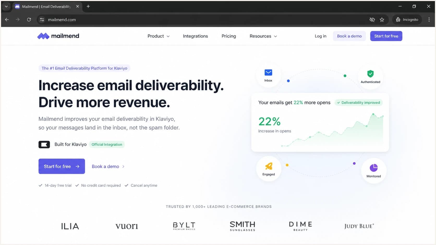 Screenshot-style view of the Mailmend website and its deliverability positioning.