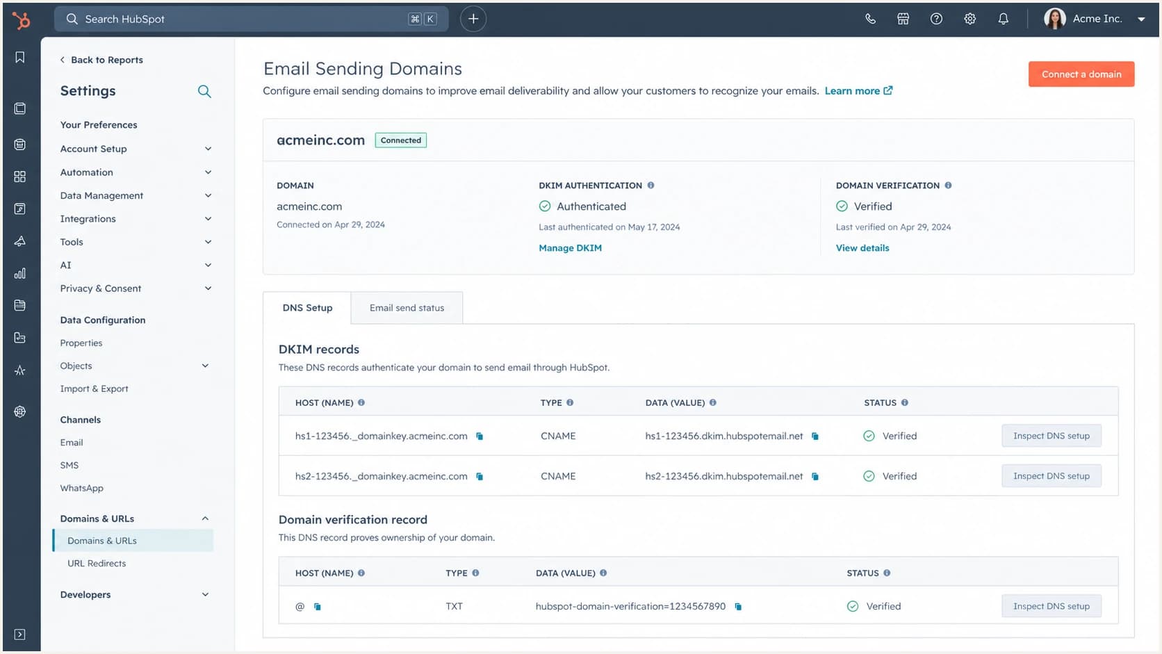 HubSpot email sending domain authentication settings