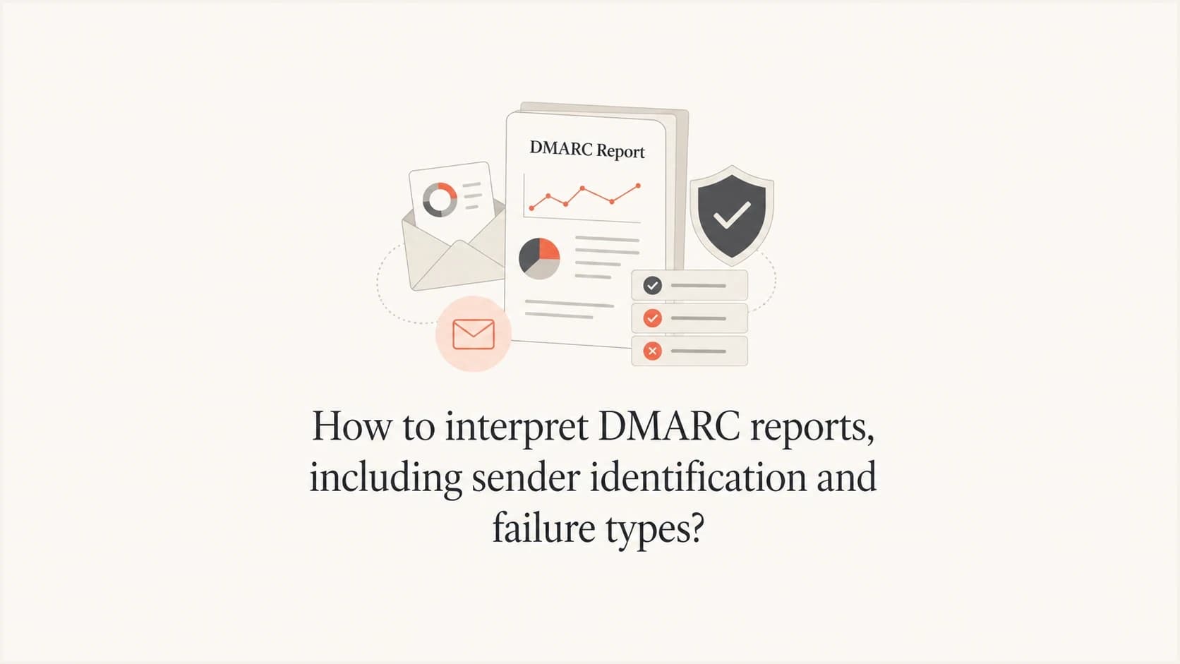 DMARC report interpretation thumbnail with report sheets, mail icons, and authentication checks.
