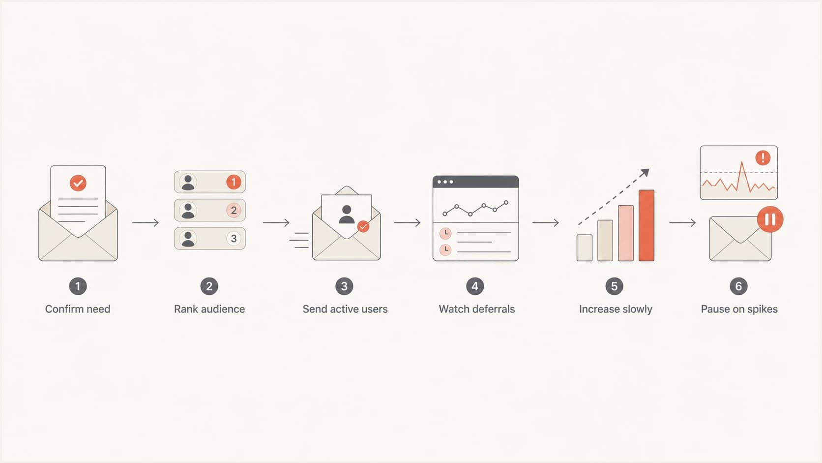 A flowchart showing a Gmail ramp from audience ranking to pausing on deferral spikes.
