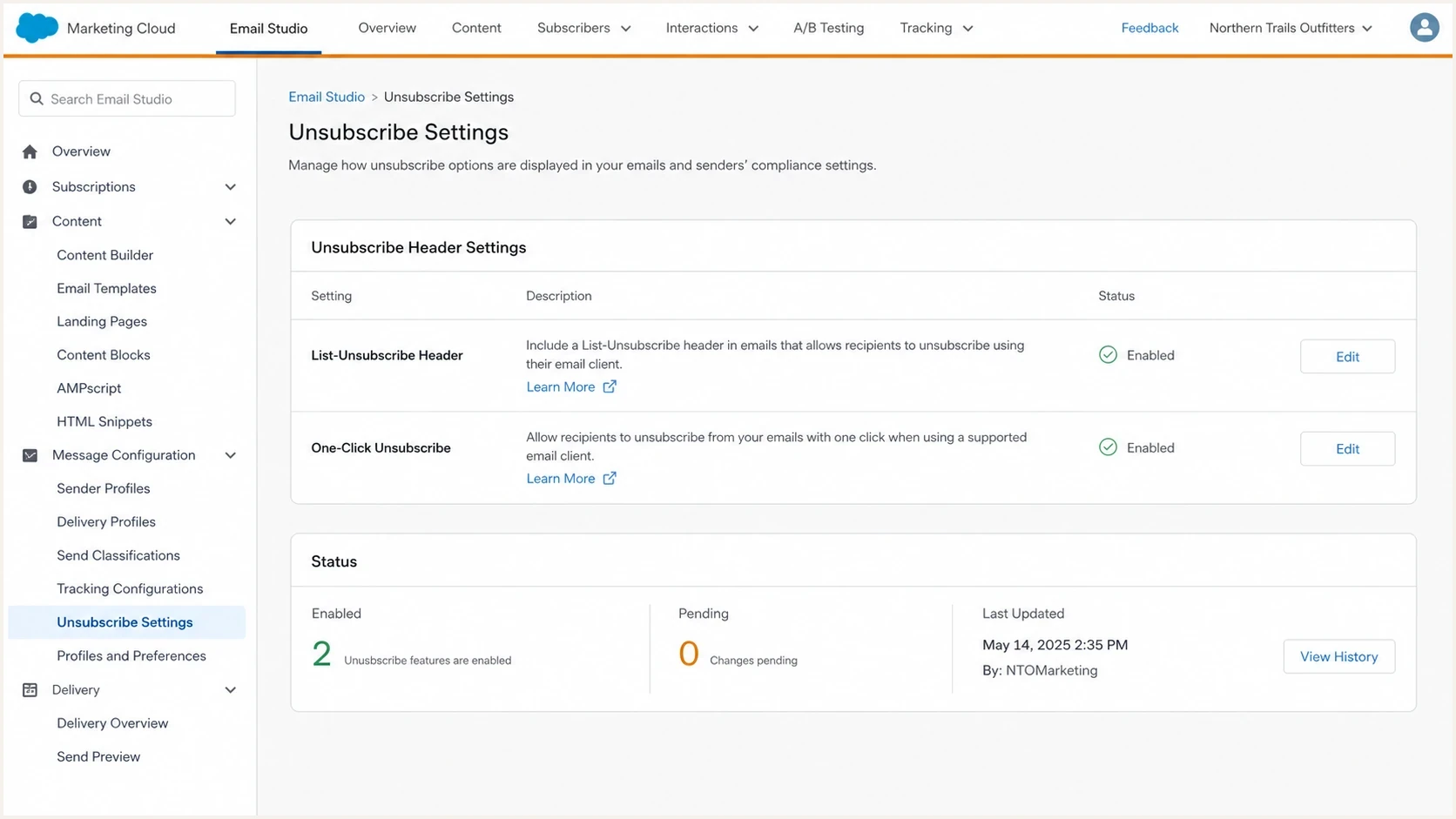 Salesforce Marketing Cloud style screen showing unsubscribe header settings.