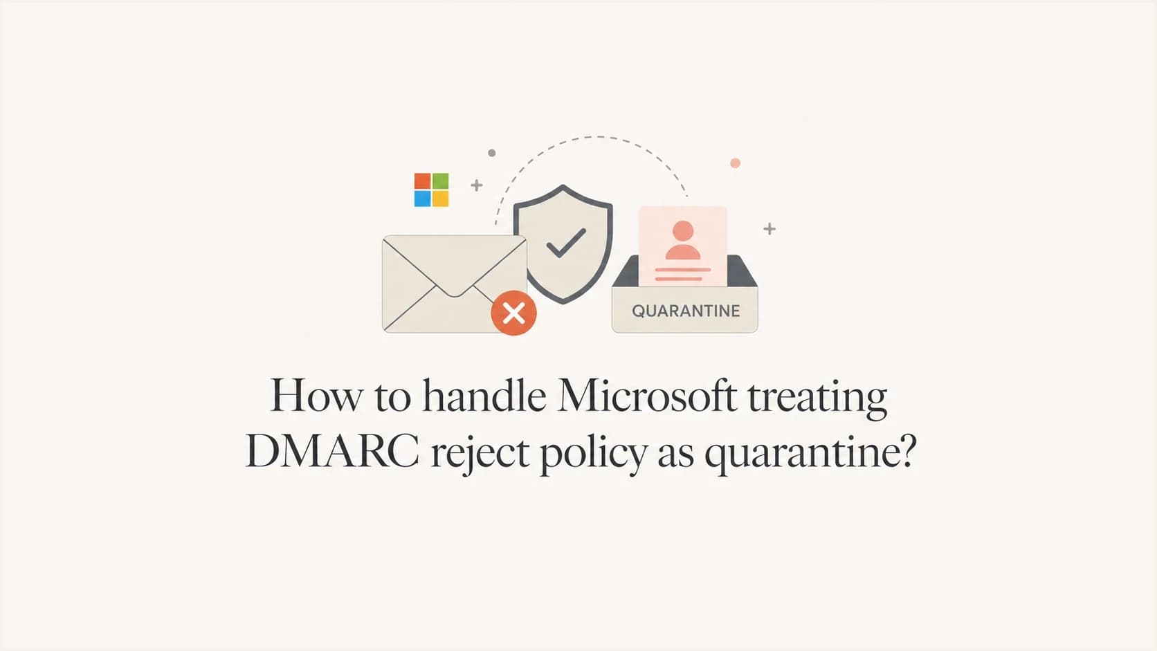 Microsoft DMARC reject policy shown as a mail shield and quarantine tray.