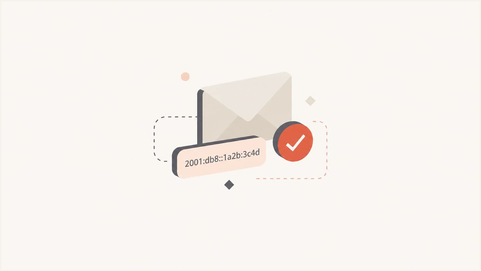 An email authentication concept with an IPv6 address tag and a checkmark.