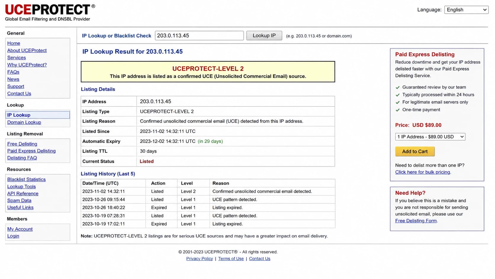 Screenshot-style UCEProtect lookup result showing a Level 2 listing.