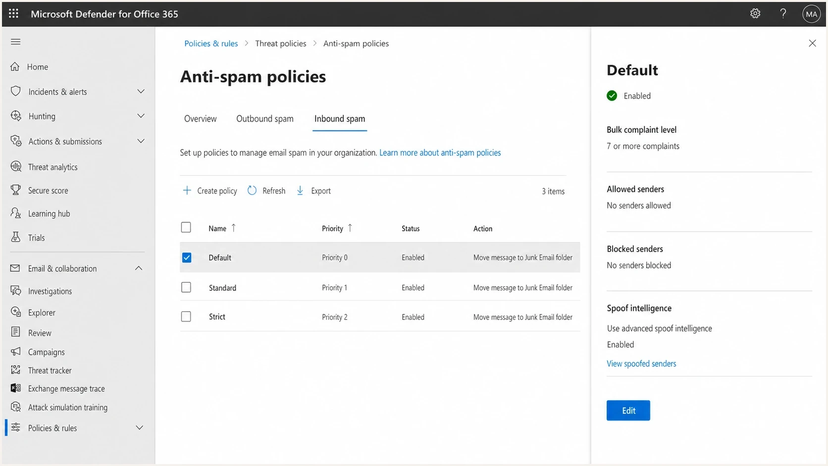 Microsoft Defender for Office 365 anti-spam policies screen with policy controls.