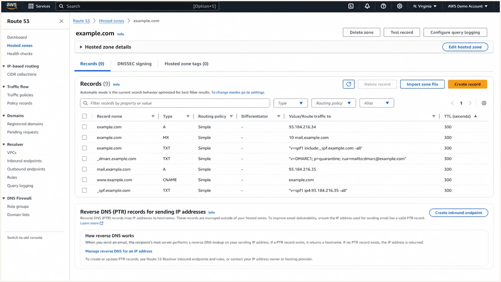 AWS Route 53 DNS records screen showing that normal DNS records differ from IP reverse DNS.