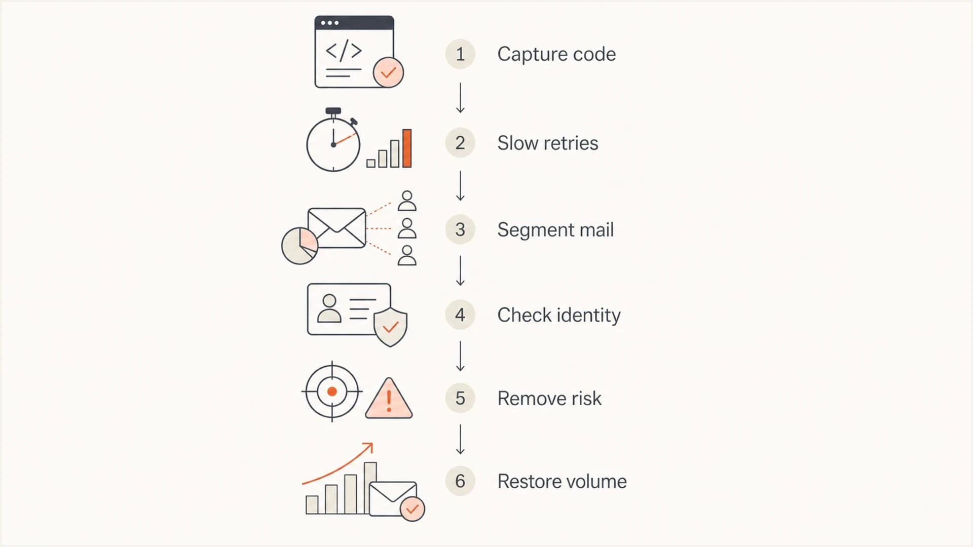 Flowchart for recovering from Microsoft 451 IP reputation rate limiting.