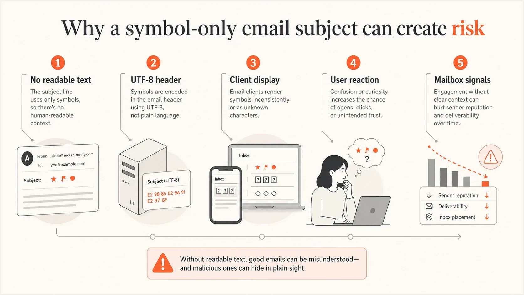 Infographic showing how symbol-only subjects create filtering and display risk