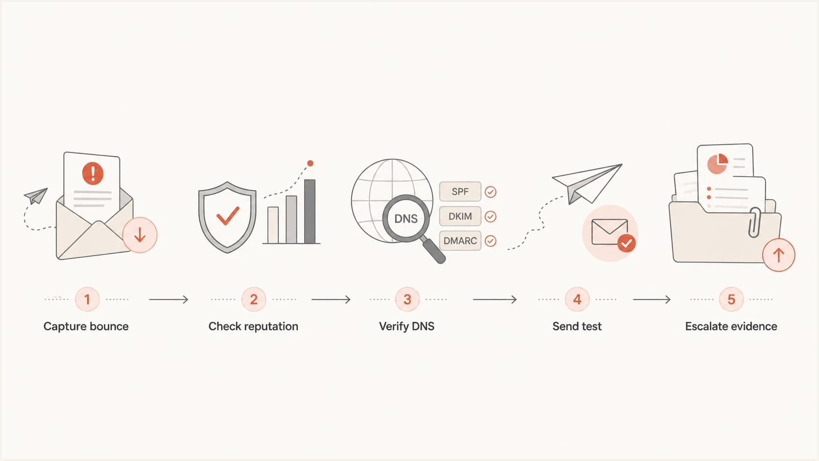 Five-step flow for diagnosing and escalating Optimum email blocks.