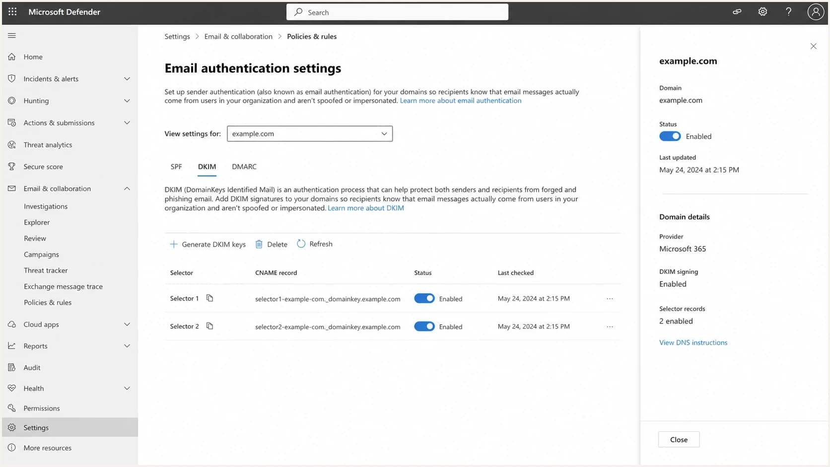 Microsoft Defender portal DKIM settings for a custom domain with selector CNAME records.