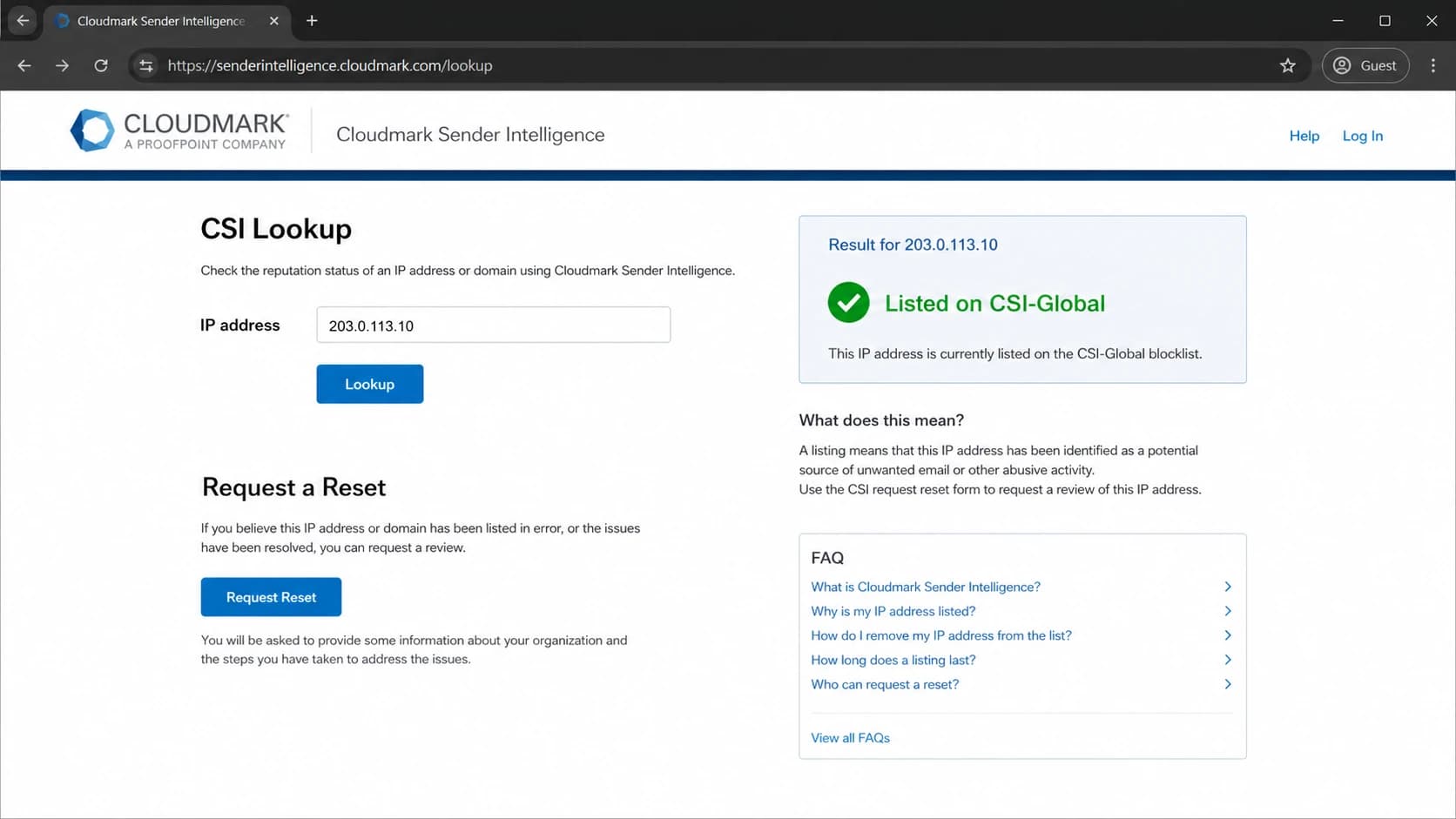 Cloudmark Sender Intelligence screen showing an IP listed on CSI-Global.