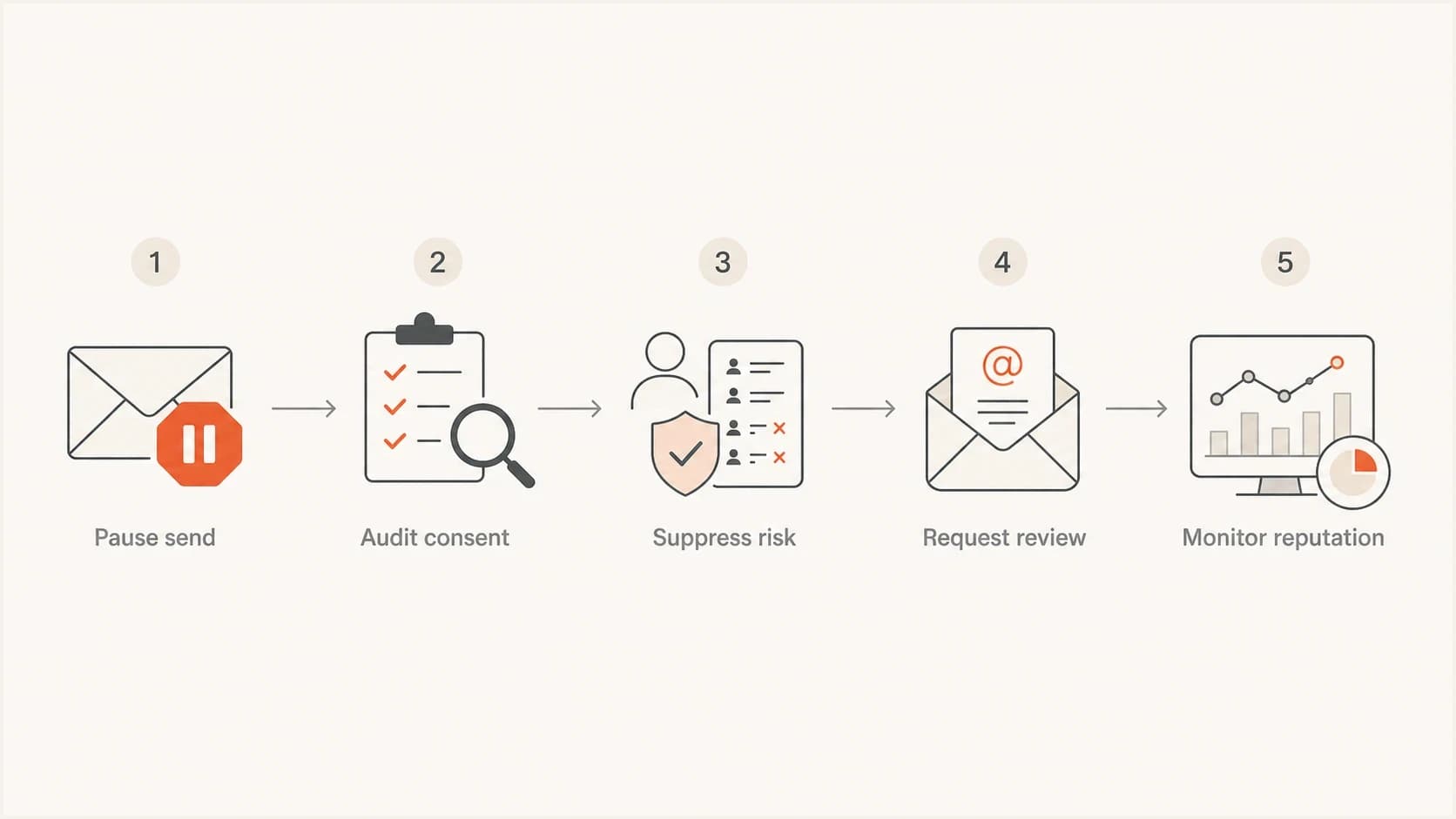 A five-step recovery flow: pause sending, audit consent, suppress risk, request review, and monitor reputation.