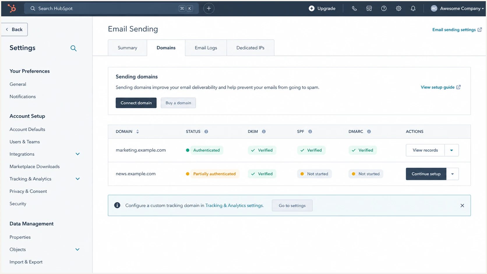 HubSpot Email Sending tab showing authenticated and partially authenticated domains.