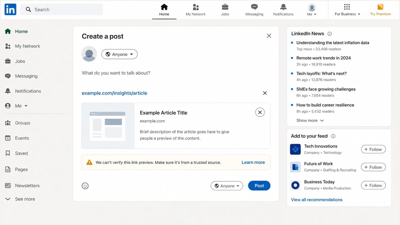 LinkedIn screen showing a shared website link warning before a user clicks through.