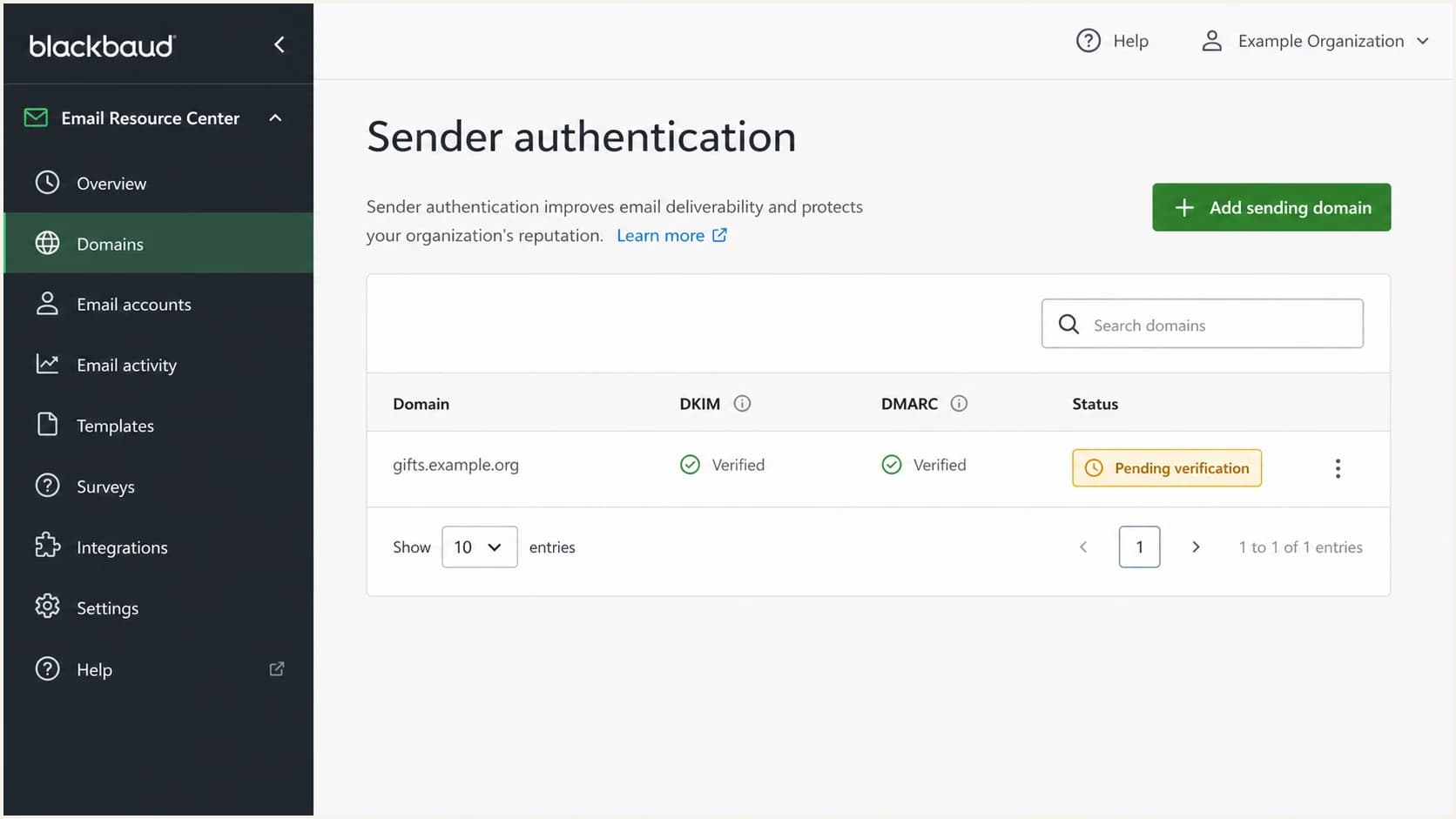 Blackbaud sender authentication screen with a pending sending domain.