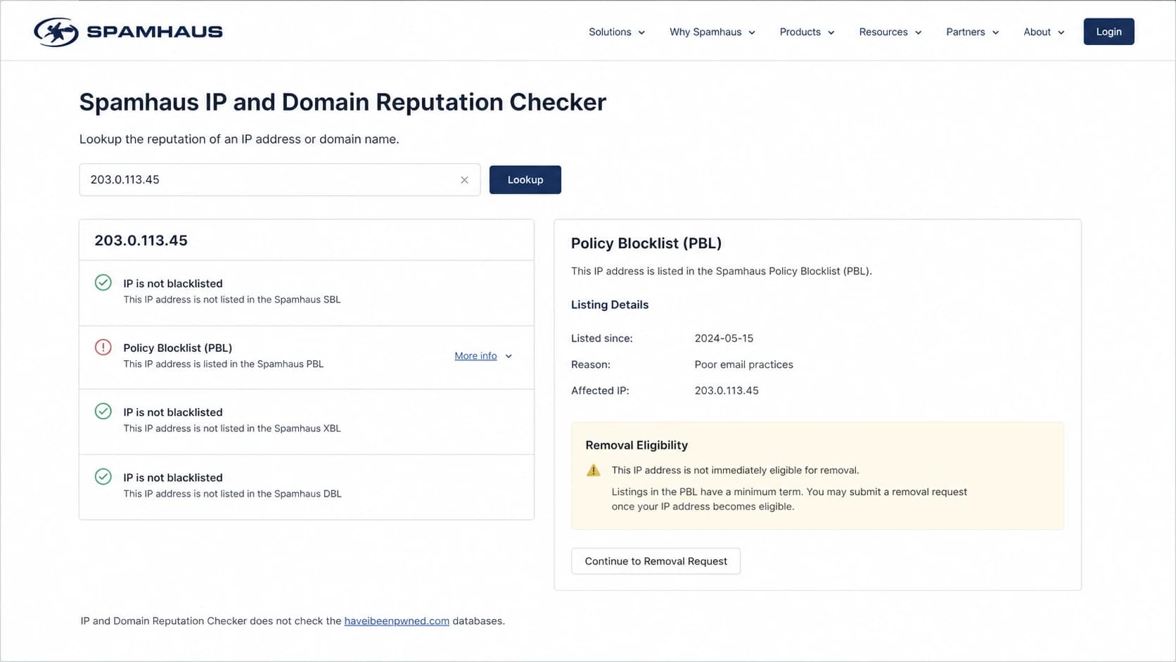 Spamhaus IP and Domain Reputation Checker screen showing a PBL result.