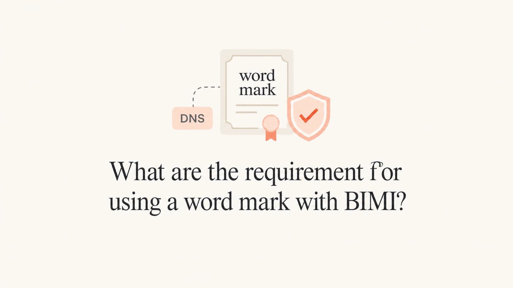Word mark BIMI requirements shown as a certificate, DNS tag, and email authentication shield.