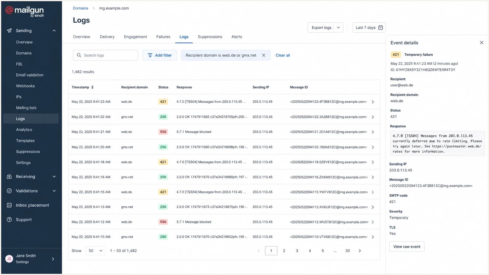 A Mailgun log screen filtered to Web.de and GMX.net 421 delivery attempts.