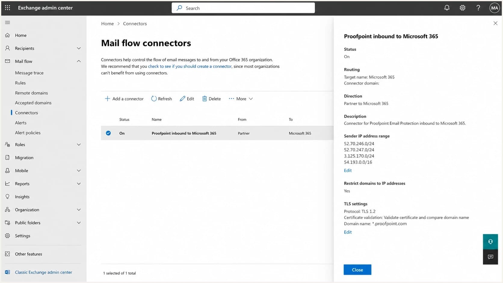 Exchange admin center connector page for a Proofpoint inbound mail path.