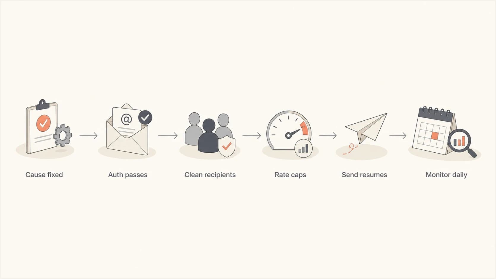 A restart flow from fixing the cause to daily monitoring.