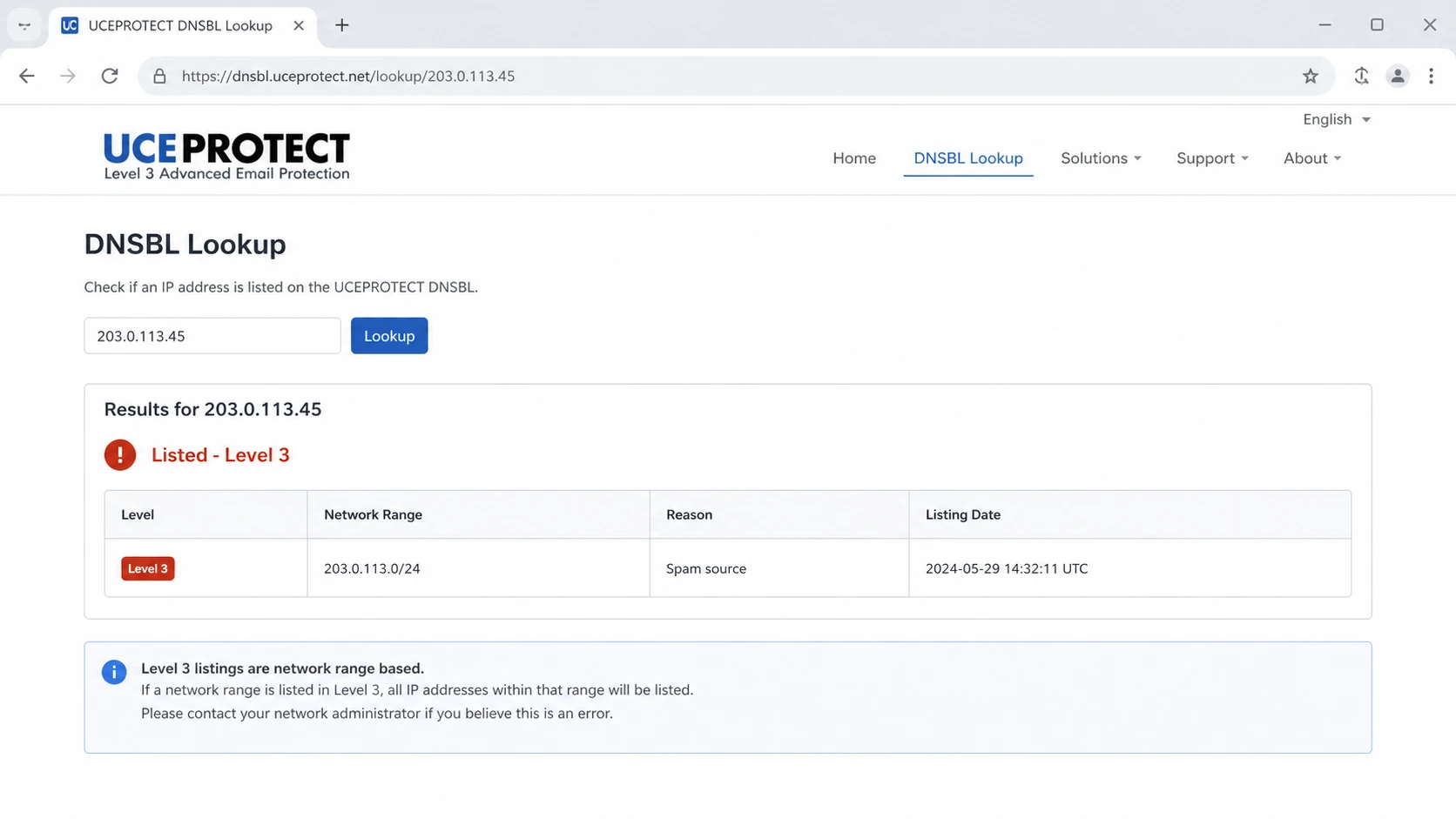 UCEPROTECT DNSBL lookup screen showing a Level 3 network listing.