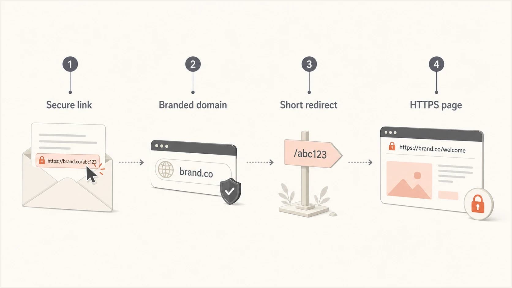 Infographic showing a secure email click path with HTTPS and branded tracking.
