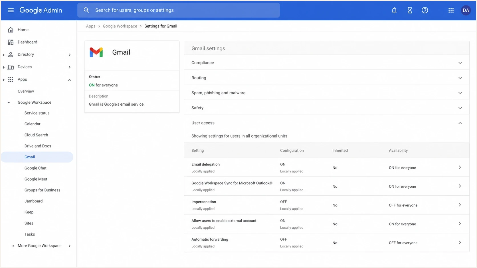 Google Admin console screenshot showing Gmail settings for a Workspace organization.