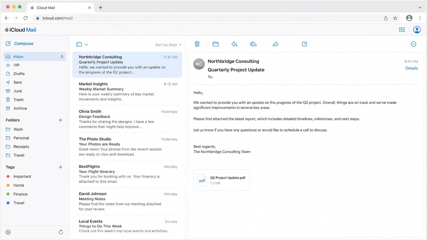 Apple iCloud Mail inbox interface for checking whether blocked email was accepted or rejected.