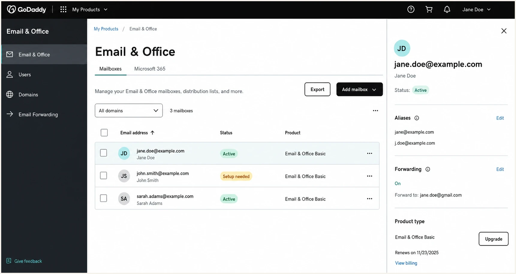 A GoDaddy Email & Office dashboard screenshot showing mailboxes and domain settings.