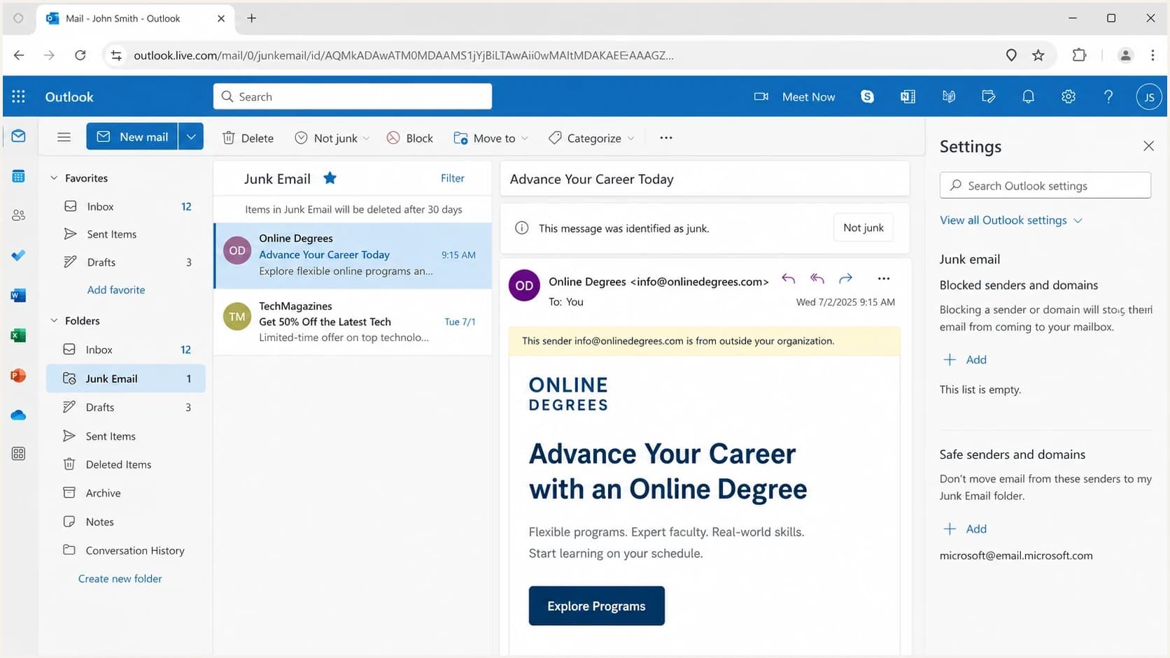 Microsoft Outlook on the web showing inbox, junk email, and sender settings