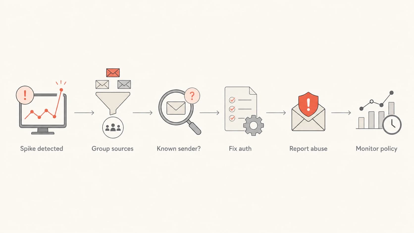Flowchart showing how to handle a DMARC spoofing spike by grouping sources, fixing known senders, reporting abuse, and monitoring policy.