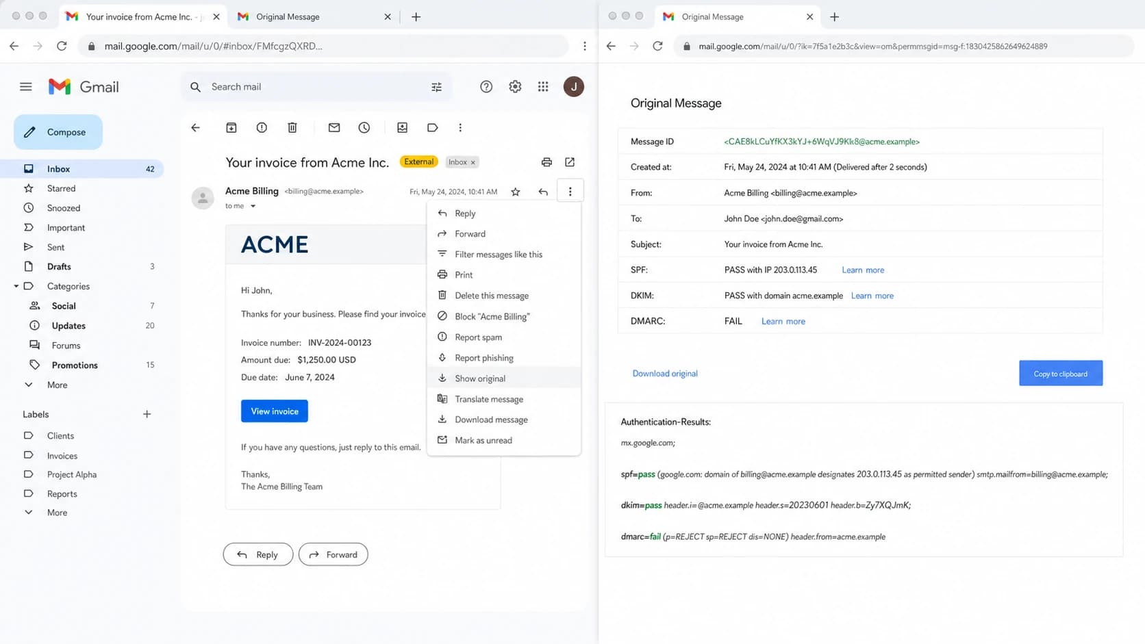 Gmail Show original view with SPF, DKIM, and DMARC authentication results.