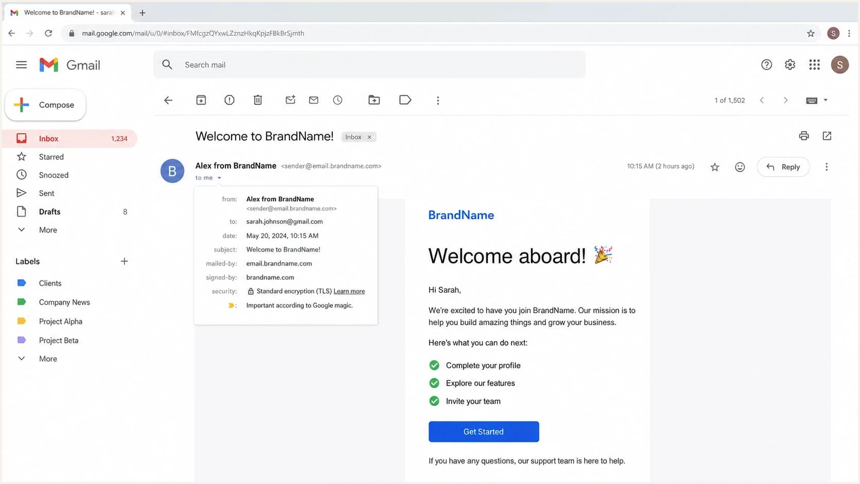 Gmail message header showing a friendly sender name, sender email address, and details dropdown.