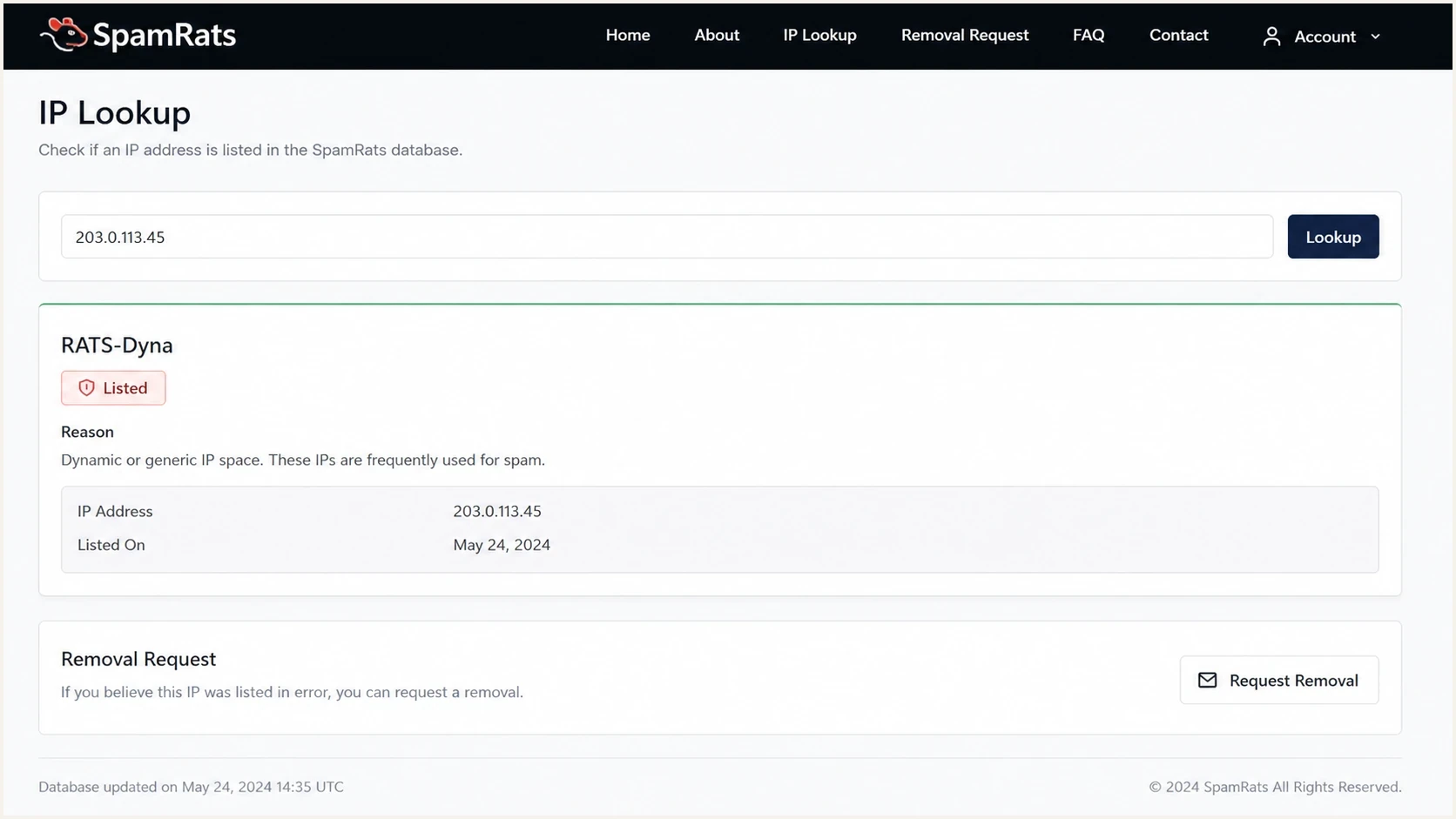 SpamRats lookup result showing an IP listed on a dynamic IP blacklist.