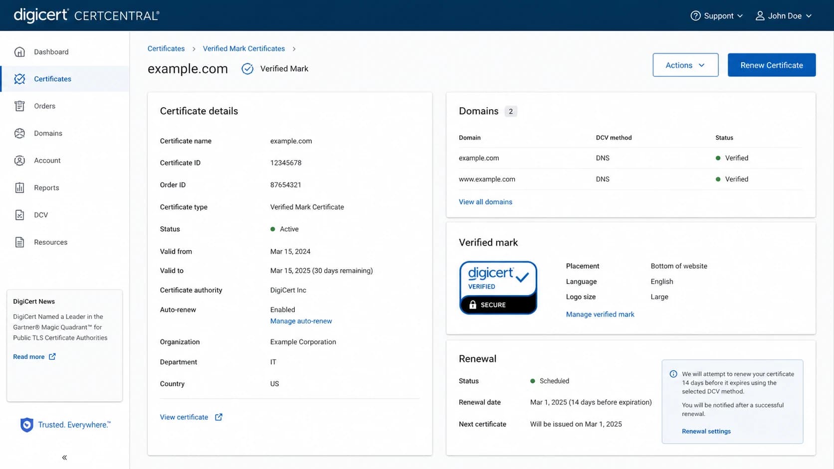 DigiCert CertCentral certificate details screen for checking VMC renewal scope.