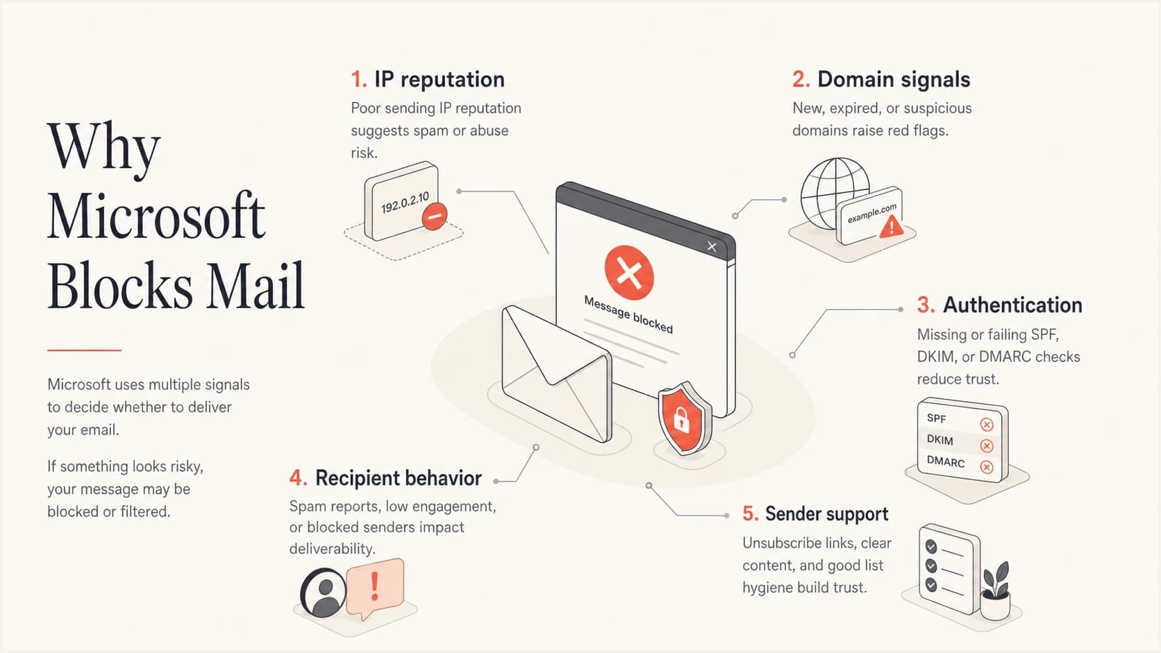 Infographic showing Outlook email blocking causes, including IP reputation, domain signals, authentication, recipient behavior, and sender support.