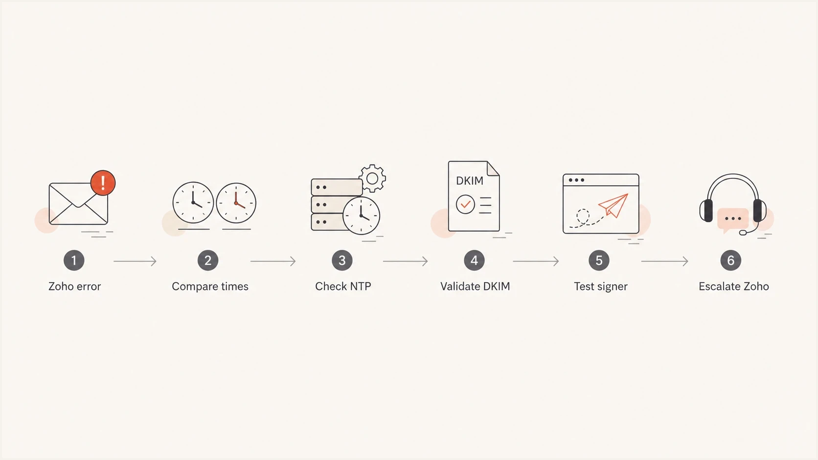 Flowchart for troubleshooting a Zoho DKIM timestamp failure
